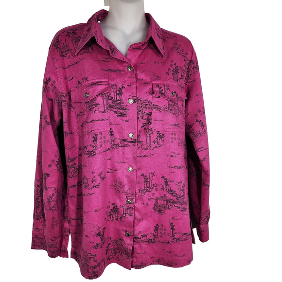 Chicos Shirt Womens Size 1 Medium Pink Faux Suede Asian Inspired Button Pockets - Picture 1 of 10